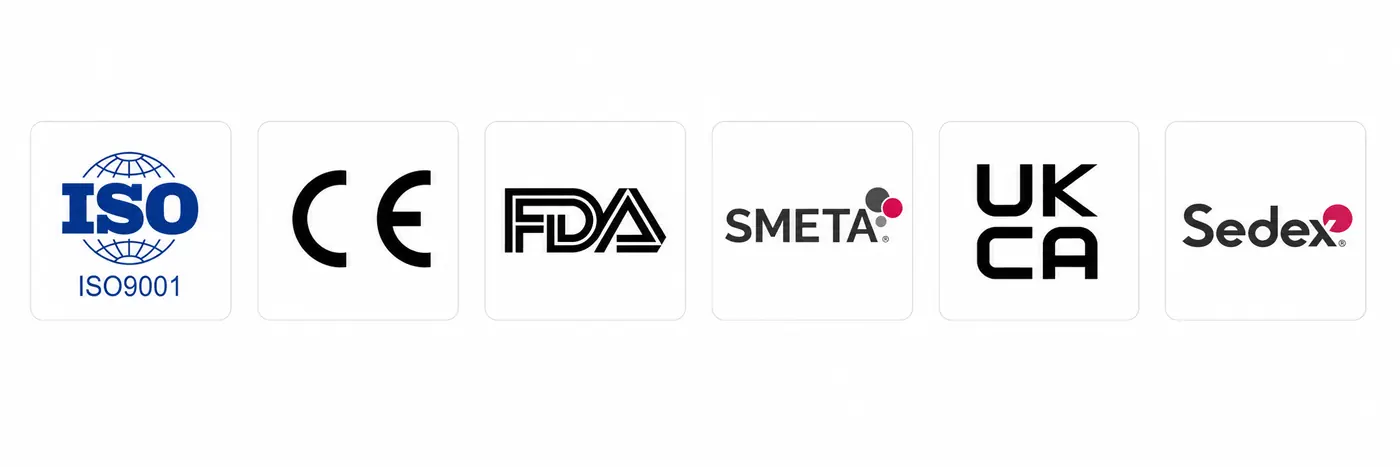 ISO9001 CE FDA SMETA UKCA Sedex certification logos